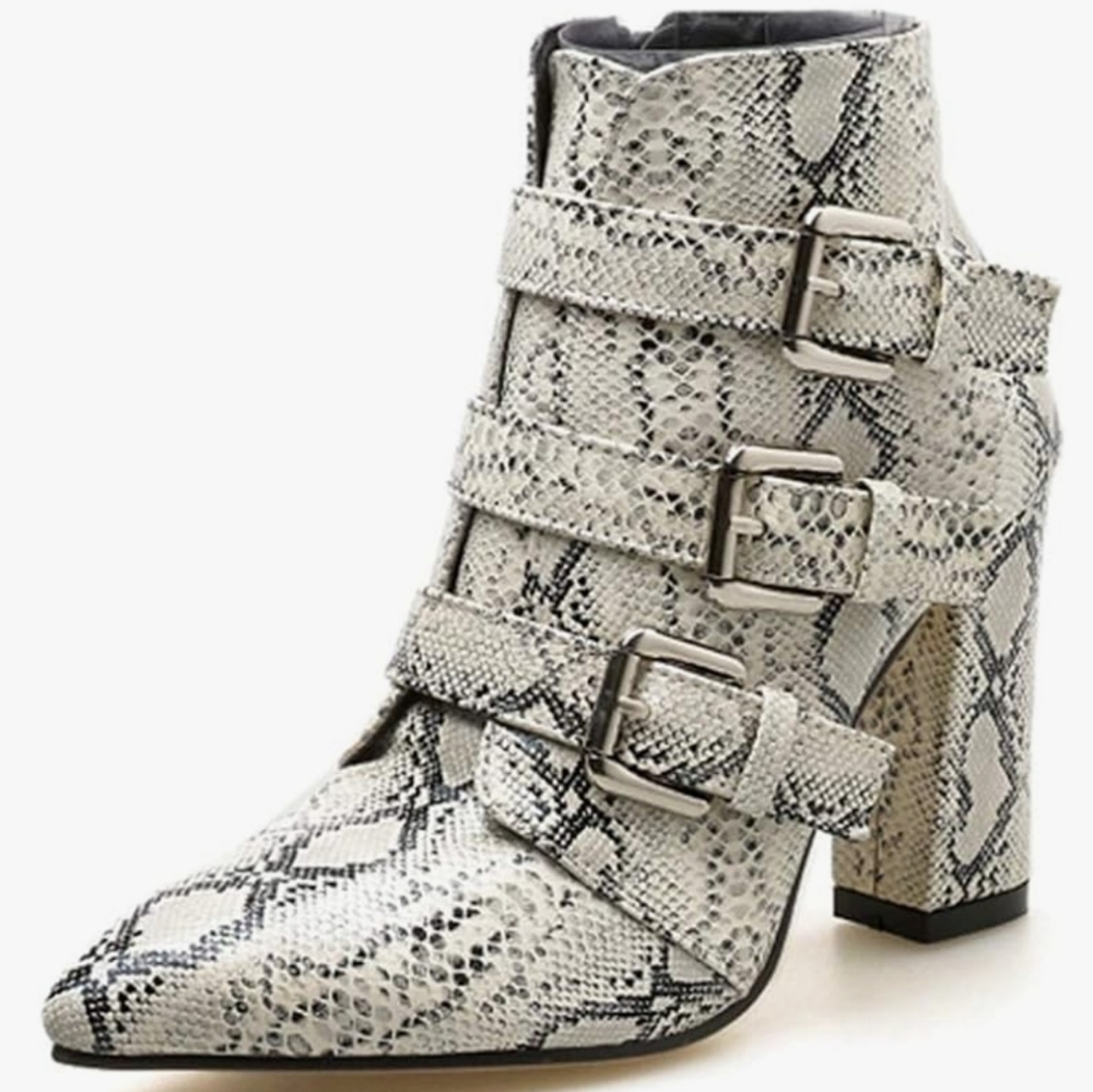 ChyJoey Snakeskin Print Pointy Toe Zipper Buckle Strap Block Heel Booties, Sz 39